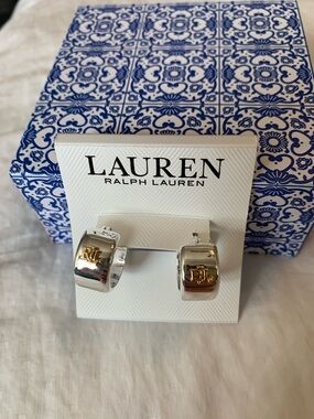 Lauren Ralph Lauren Silver and Gold RL Logo Hoop Earrings